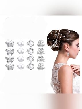 16pc Bridal Pearl & Crystal Hair Mini Clips Set - White Silver Accents BNIB